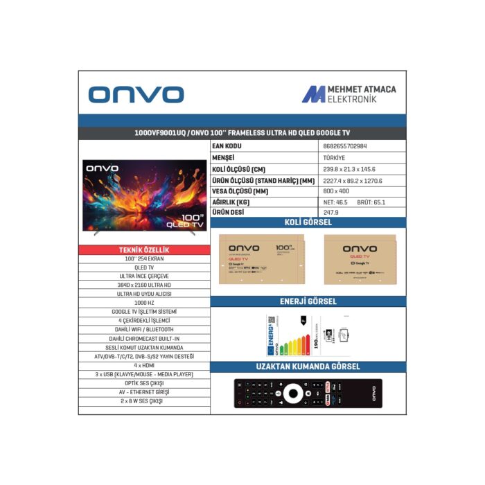 Onvo 100OVF9001UQ 100" 254 Ekran Uydu Alıcılı 4K Ultra HD Google Smart QLED TV - Görsel 2