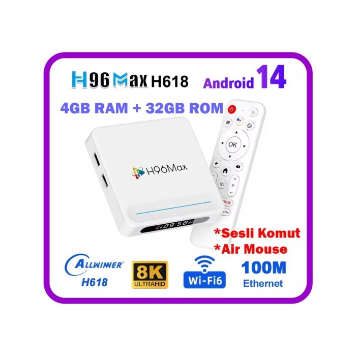 110001119921747.jpg H96Max H618 Plus 8k Android 14.0 Tv Box 4GB+32GB Medya Oynatıcı Air Mouse Dual Wifi 6 Bluetooth 5.4 Ethernet Sesli Komut - Görsel 1