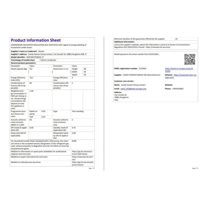 Hoover Ndeh9A2Tcbexs-17 9 kg Wi-Fi Bağlantılı Isı Pompalı Kurutma Makinesi - Görsel 5
