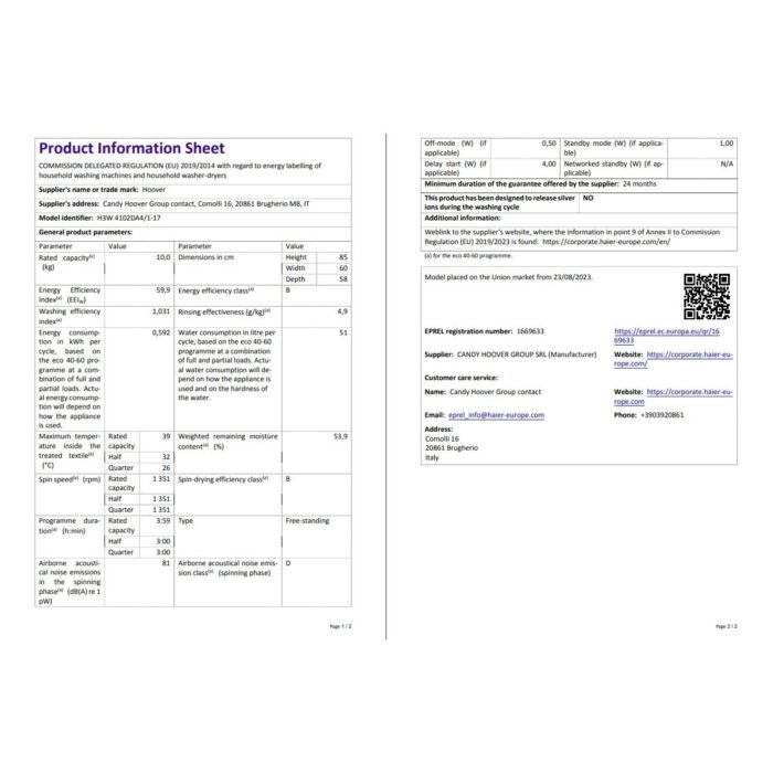 Hoover H3W 4102DA4/1-17 10 kg 1400 Devir NFC Bağlantılı Çamaşır Makinesi - Görsel 5