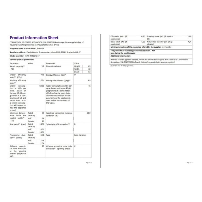 Hoover H3W 292DE/1-17 9 kg  NFC Bağlantılı 1200 Devir Çamaşır Makinesi - Görsel 5