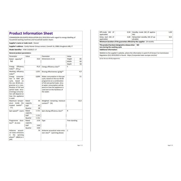 Hoover H3W 2102DE 10 kg Nfc Bağlantılı 1200 Devir Çamaşır Makinesi - Görsel 5
