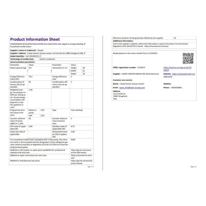 Hoover HLE H9A2DCER-17 9 kg Wi-Fi  Bağlantılı Isı Pompalı Kurutma Makinesi - Görsel 5
