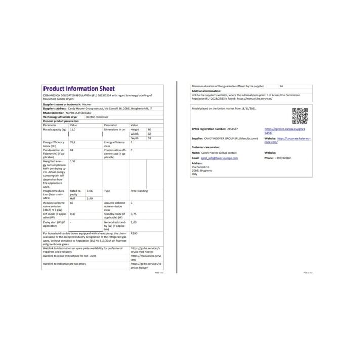 Hoover NDPH 11A2TCBEXS17 11 kg Wi-Fi  Bağlantılı Isı Pompalı Kurutma Makinesi - Görsel 5