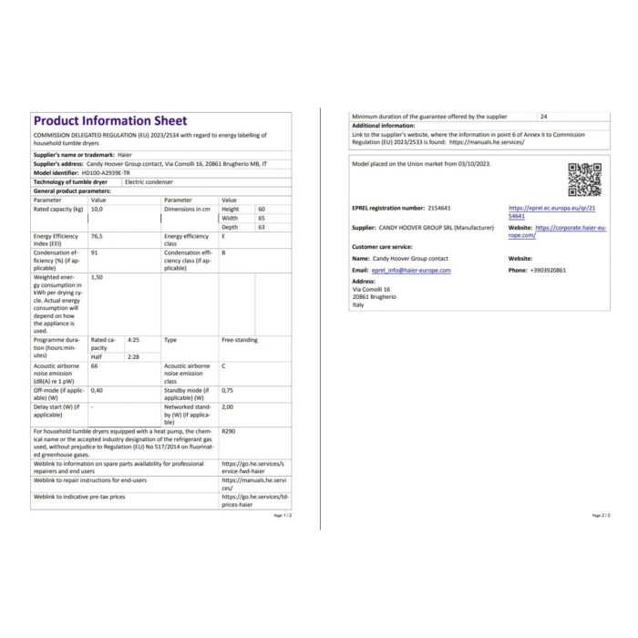 Haier HD100-A2939E-TR 10 kg Wi-Fi  Bağlantılı Isı Pompalı Kurutma Makinesi - Görsel 5