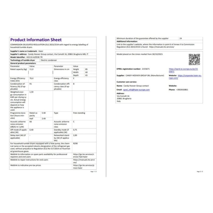 Haier HD110-A2959E-TR 11 kg Wi-Fi  Bağlantılı Isı Pompalı Kurutma Makinesi - Görsel 5
