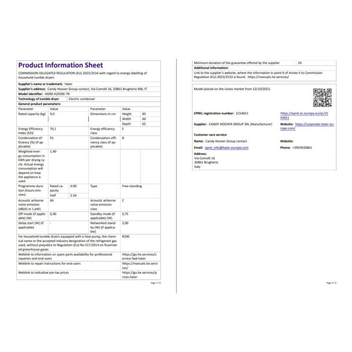 Haier HD90-A2939E-TR 9 kg Wi-Fi  Bağlantılı Isı Pompalı Kurutma Makinesi - Görsel 5