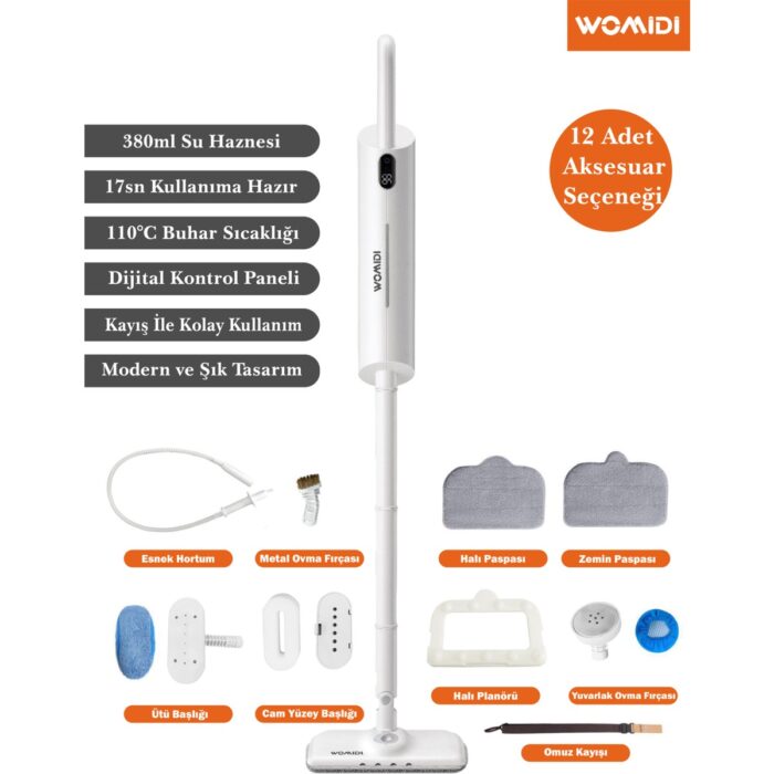 Womidi Bm1 Çok Fonksiyonlu 13 Parça Buharlı Dikey Paspas ve Temizleyici - Buharlı Mop - Dijital Ekranlı Buharlı Temizlik Makinesi - Görsel 2