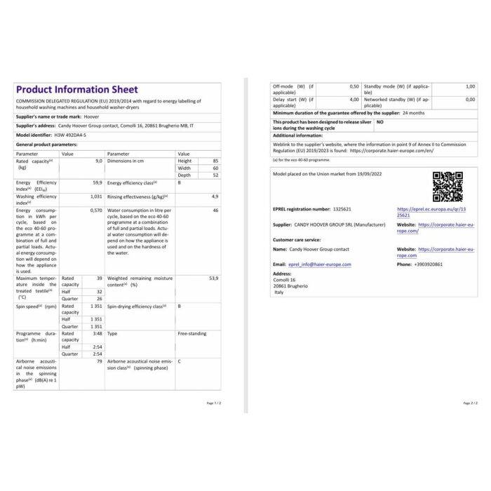 Hoover H3W 492DA4-S 9 kg Nfc Bağlantılı 1400 Devir Çamaşır Makinesi - Görsel 5