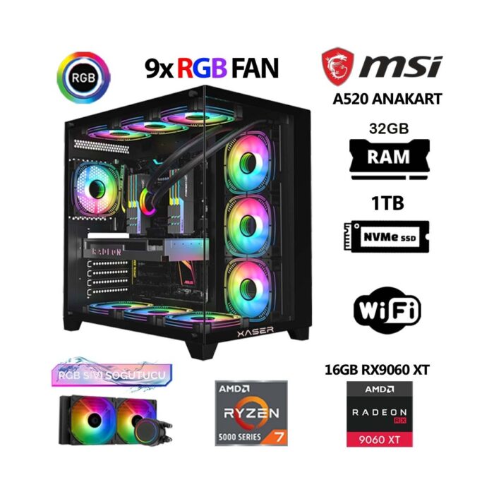 Xaser Lexus X740 Ryzen 7 5700X 32GB Ram 1tb M.2 Nvme SSD 16GB RX9060 Xt Sıvı Soğutmalı Hazır Oyuncu Sistemi - Görsel 1