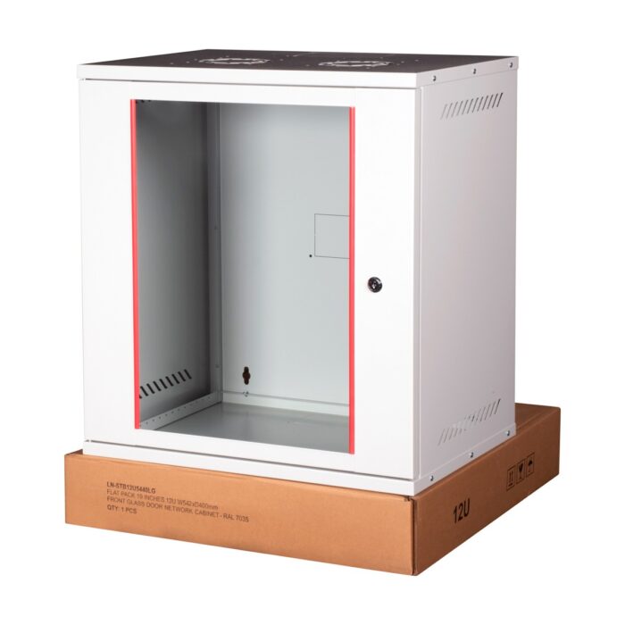 110001137135484.jpg LANDE - 12U 19" Cam Kapaklı Duvar Tipi Rack Kabinet – Genişlik: 544 mm | Derinlik: 400 mm – Açık Gri (Demonte) - Görsel 1
