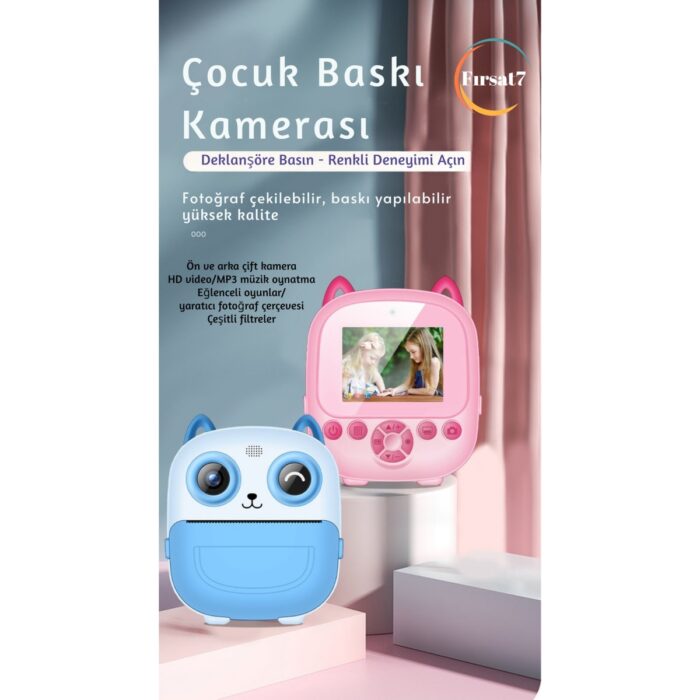 110001146391771.jpg Çocuk Fotoğraf Makinesi 2.4inc Anında Baskı Hd Video Çift Kamera Müzikli Oyunlu Selfie Kamera Şarjlı - Görsel 1
