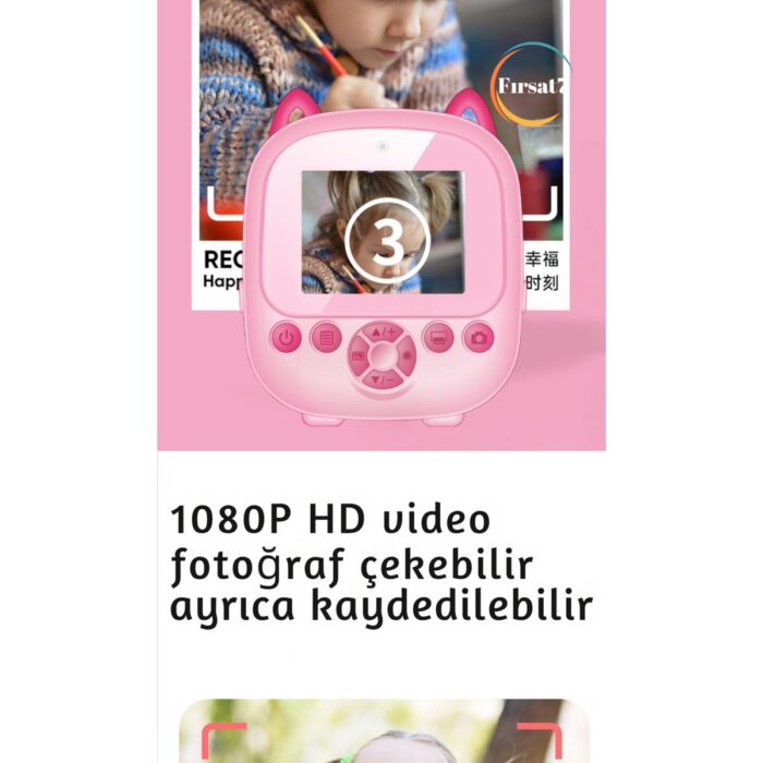 Çocuk Fotoğraf Makinesi 2.4inc Anında Baskı Hd Video Çift Kamera Müzikli Oyunlu Selfie Kamera Şarjlı - Görsel 2