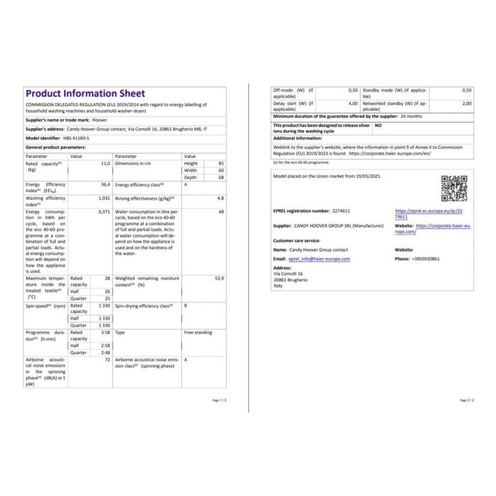 Hoover HBS 411B9-S 11 kg Wi-Fi  Bağlantılı 1400 Devir Çamaşır Makinesi - Görsel 5