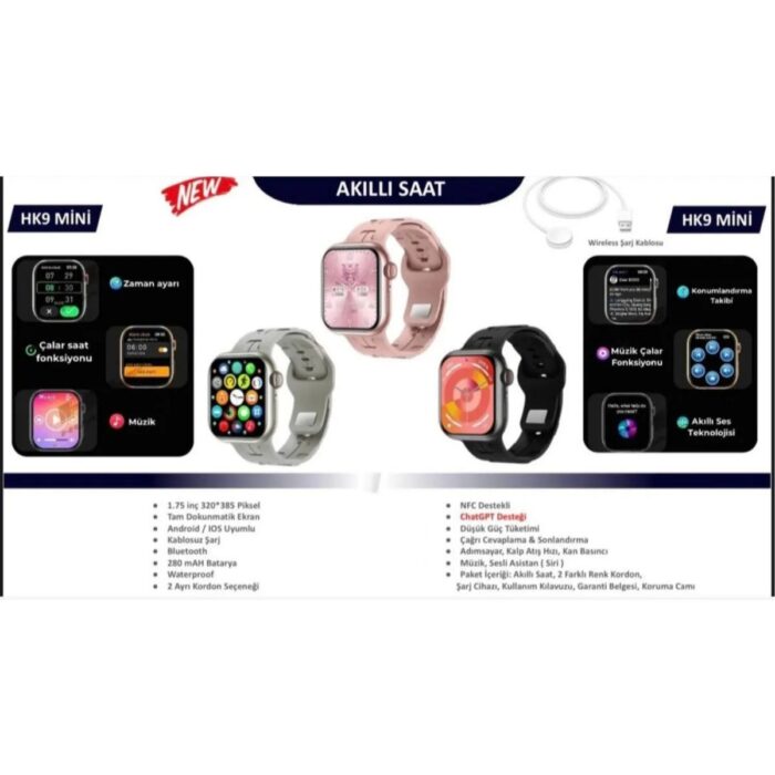 Shoami Shoamı Hk9 Mini Akıllı Saat – Dikdörtgen Kasa, Tansiyon ve Kalp Ritmi Ölçer, Bluetooth Arama, Spor ve Uyku Takibi, Uzaktan Kamera Kontrolü - Görsel 2