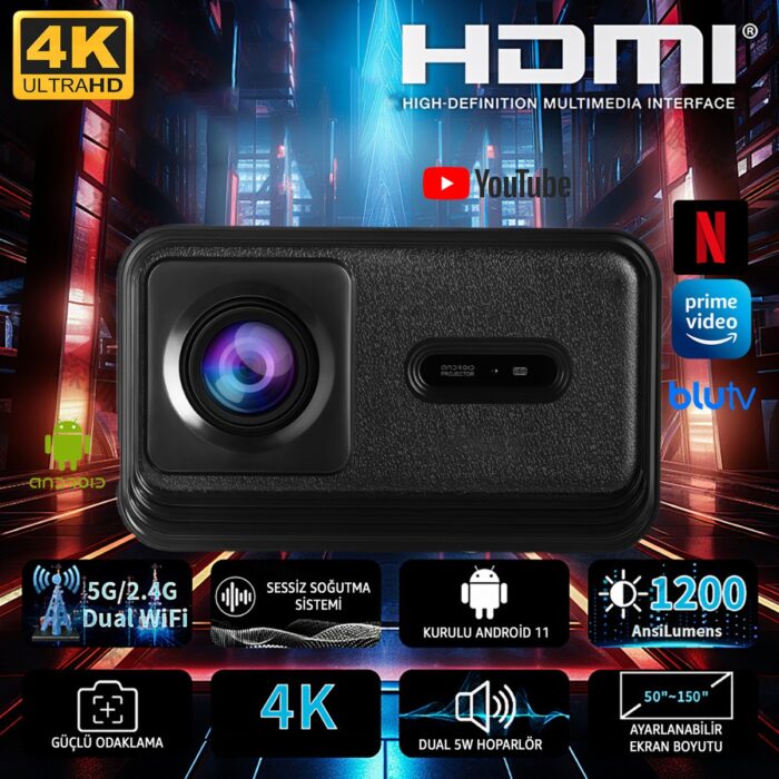 110001159101028.jpg Robeve Lensun New 13 Projeksiyon Cihazı 4K Görüntü - Wifi Bluetooth Destekli - Android Kurulu Android Tv - Dahili Hoparlör - Kumandadan Odak - Dahili Hafıza - Görsel 1