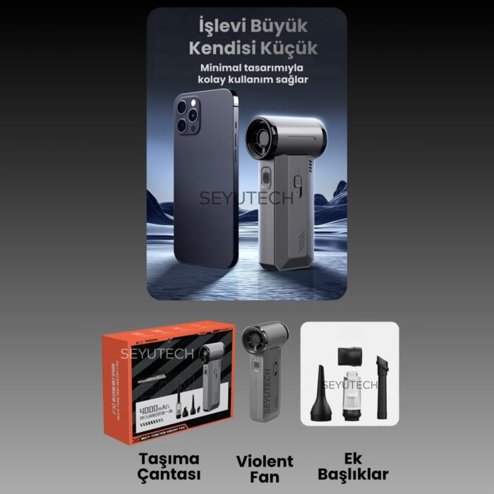 Seyutech Violent Turbo Jet Fan 130000RPM Ultra Güçlü Motor Güçlü Vakum 4000MAH Bataryalı Üflemeli - Görsel 5