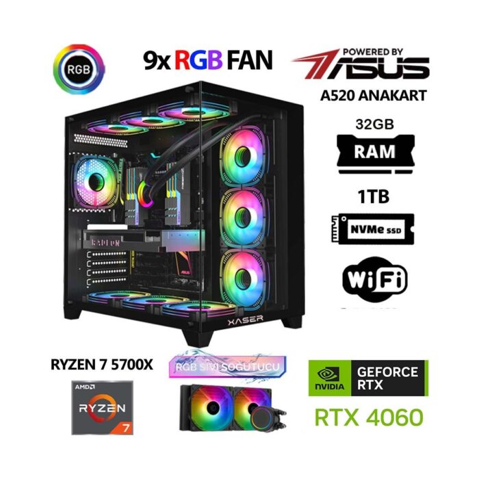 Xaser Sword X32 Ryzen 7 5700X 32GB Ram 1tb M.2 Nvme SSD 8gb RTX4060 Sıvı Soğutmalı Oyuncu Bilgisayarı - Görsel 1