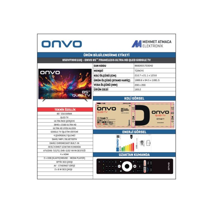 Onvo 85OVF9001UQ  85’’ 216 Ekran Uydu Alıcılı 4K Ultra HD  QLED Google TV - Görsel 4