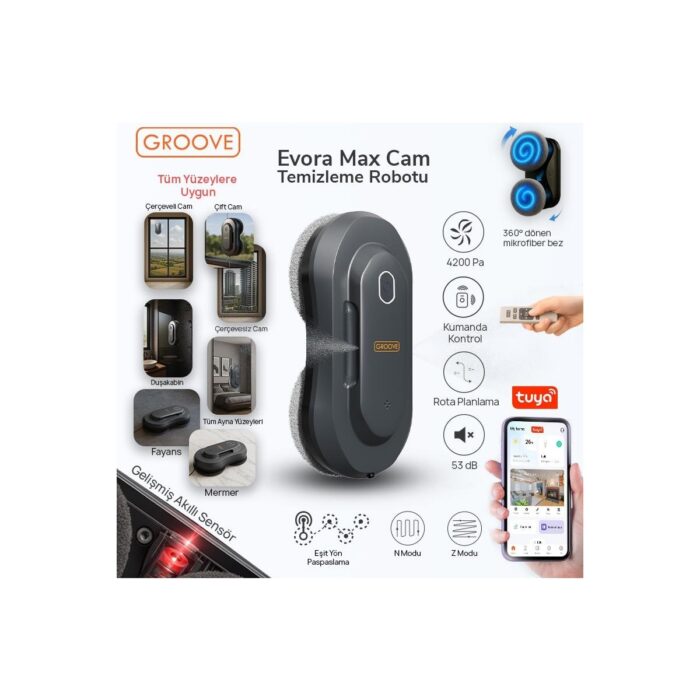 Groove Evora Max Akıllı Uygulama Kontrollü Cam Temizleme Silme Robotu +Yapay Zeka Desteği+Ultra Sessiz+Akıllı Sensör+2 Ultrasonik Sprey - Görsel 1