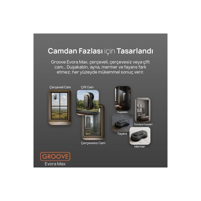 Groove Evora Max Akıllı Uygulama Kontrollü Cam Temizleme Silme Robotu +Yapay Zeka Desteği+Ultra Sessiz+Akıllı Sensör+2 Ultrasonik Sprey - Görsel 3