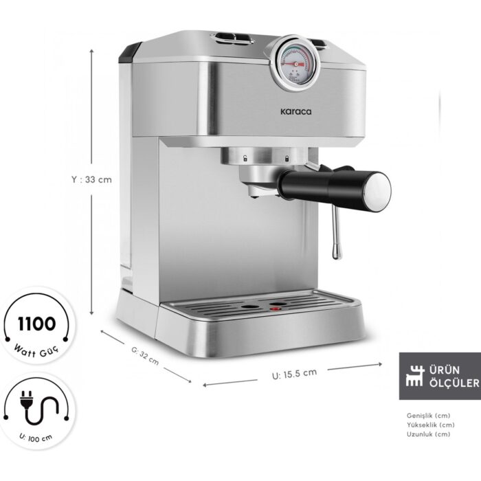 Karaca Coffee Art 1101 Süt Köpürtücülü, 20 Bar Basınçlı, Espresso, Latte, Cappuccino, Americano Makinesi 1,5l Inox - Görsel 2