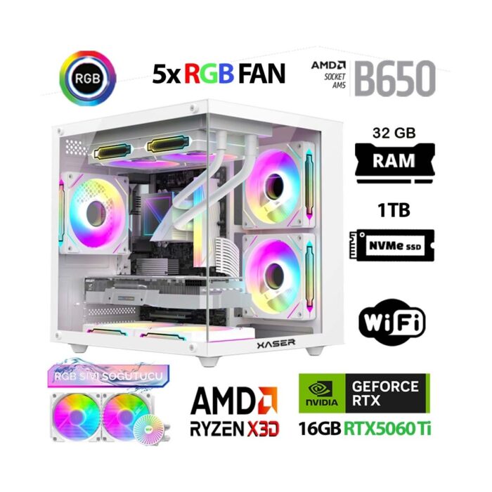 Xaser Cube X230 Ryzen 7 7800X3D 32GB Ddr5 Ram 1tb M.2 Nvme SSD 16GB RTX5060 Ti Sıvı Soğutmalı Masaüstü Oyuncu Bilgisayarı - Görsel 1