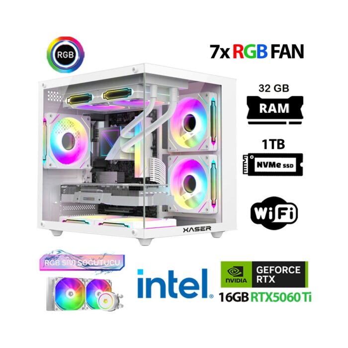 Xaser Eco X180 I9 14900KF 32GB Ddr5 Ram 1tb M.2 Nvme SSD 16GB RTX5060TI Sıvı Soğutmalı Masaüstü Oyuncu Bilgisayarı - Görsel 1