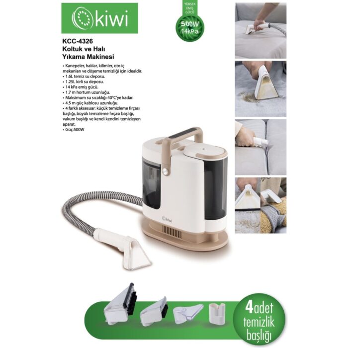 Kiwi 550W Koltuk ve Halı Yıkama Makinesi – Güçlü Emiş, 1.6L Su Tankı, Yüksek Performanslı ve Pratik Kullanım - Görsel 3