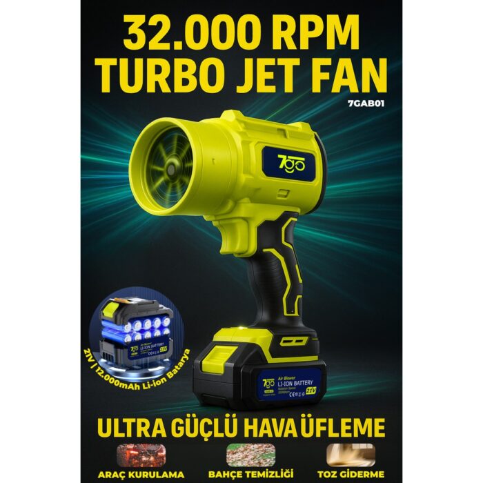 7go 7GAB01 21V Kablosuz Hava Üfleyici | 32.000RPM Turbo Fan, 12.000MAH Batarya, Bahçe & Araç Kurutma, Toz Temizleme - Görsel 1