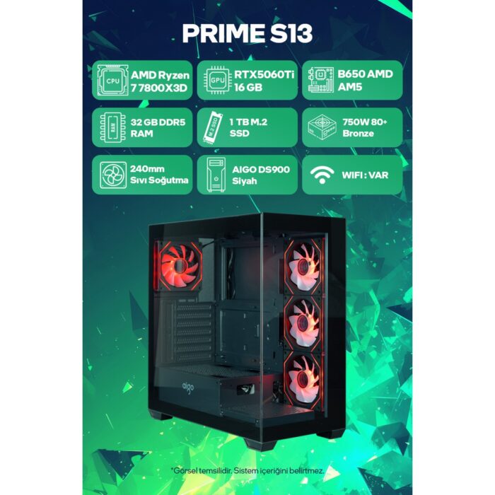 110001191922181.jpg Game Garaj Prime S13 Amd Ryzen 7 7800X3D 32GB Ram 1tb SSD RTX5060TI 240MM Sıvı Soğutma Freedos Oyuncu Tavsiye Sistem - Görsel 1