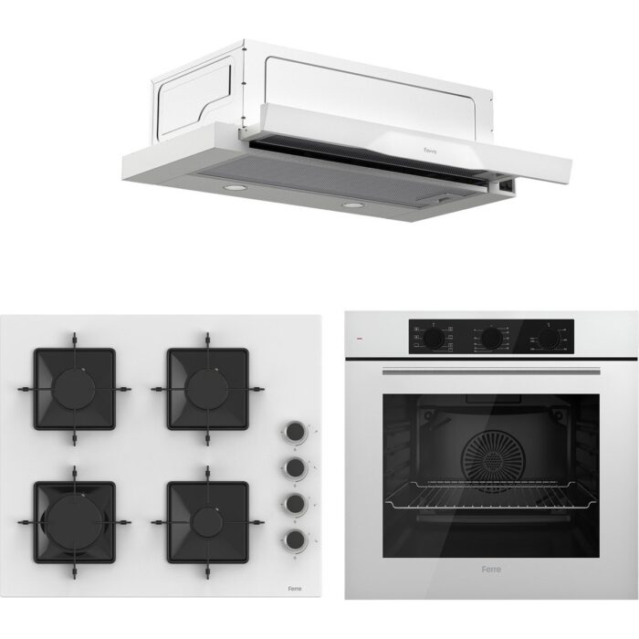 Ferre QBL62CB - SS206 -D037 60 cm Beyaz Cam Turbolu Aspiratörlü Ankastre Set - Yeni - Görsel 1