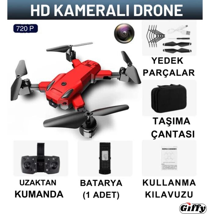 Giffy Başlangıç Drone 720P Hd Kameralı Drone Katlanabilir Taşıma Çantalı 4 Pervaneli Havada Sabit Kalır Kırmızı ve Siyah - Görsel 2