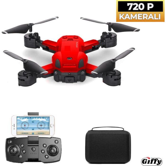 Giffy Başlangıç Drone 720P Hd Kameralı Drone Katlanabilir Taşıma Çantalı 4 Pervaneli Havada Sabit Kalır Kırmızı ve Siyah - Görsel 3