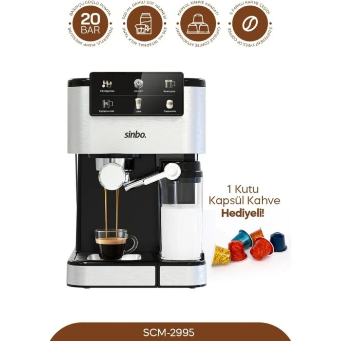 110001210758058.jpg Sinbo Scm 2995 -Kapsül Kahve Aparatlı Inox Espresso Makinesi - Görsel 1