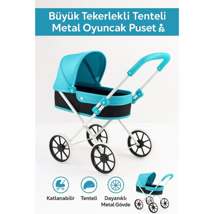 Büyük Tekerlekli Tenteli Katlanabilir Metal Oyuncak Bebek Puseti Premium Lüx Mavi - Görsel 1