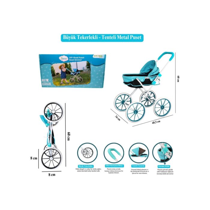 Büyük Tekerlekli Tenteli Katlanabilir Metal Oyuncak Bebek Puseti Premium Lüx Mavi - Görsel 3