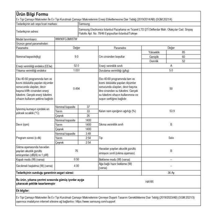 Samsung WW90FG3M05TWAH 1400 Devir 9 kg Çamaşır Makinesi - Görsel 3