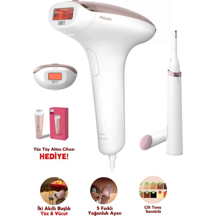 Philips Ipl Lazer Epilasyon Cihazı, 2 Akıllı Başlık (Vücut ve Yüz Başlığı), Cilt Tonu Sensörü, Compact Kalem Düzeltici, Uzun Ömürlü Kullanım+ Tüy Alma Cihazı + Lambader (Onerous) - Görsel 1