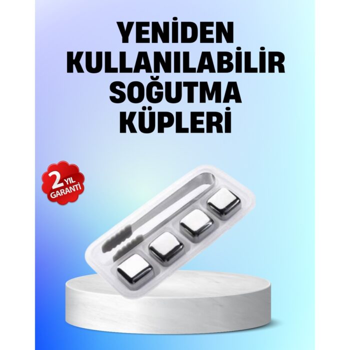 110001218171869.jpg Yeniden Kullanılabilir 304 Çelik Metal Buz Küpleri 4'lü Set - Görsel 1