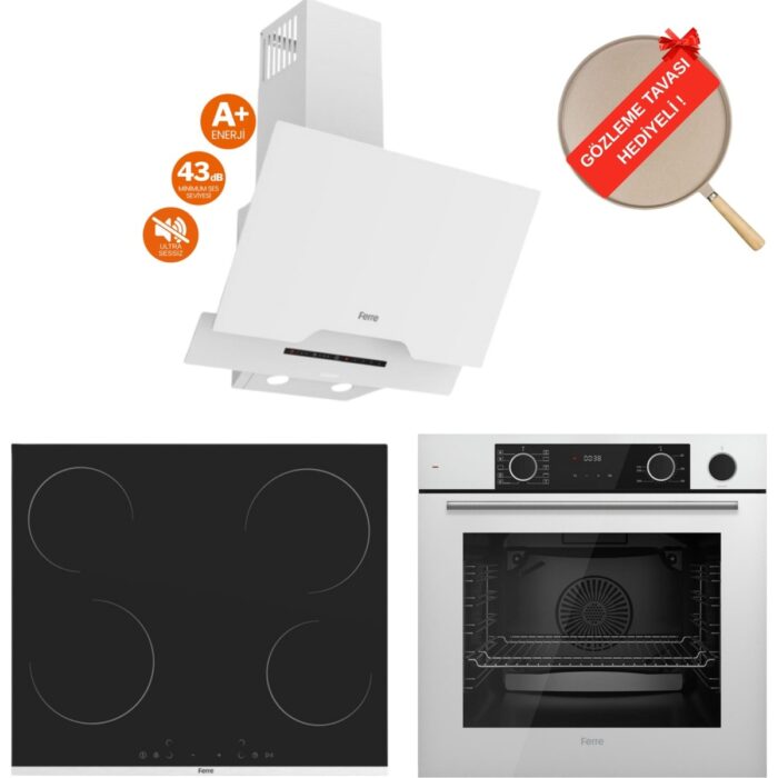 Ferre  Fryart Lumio Vitroseramik Elektrikli Sessiz Beyaz Ankastre Set (D064 -Sa + MS261 + XE64CB ) - Görsel 1