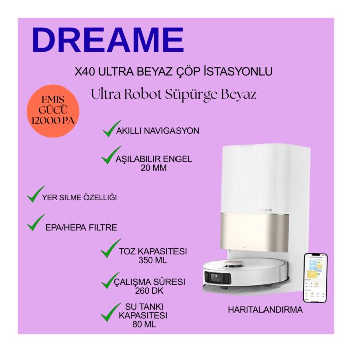 110001229370054.jpg Dreame X40 Ultra Robot Süpürge Beyaz, 12.000PA Emiş Gücü - Görsel 1