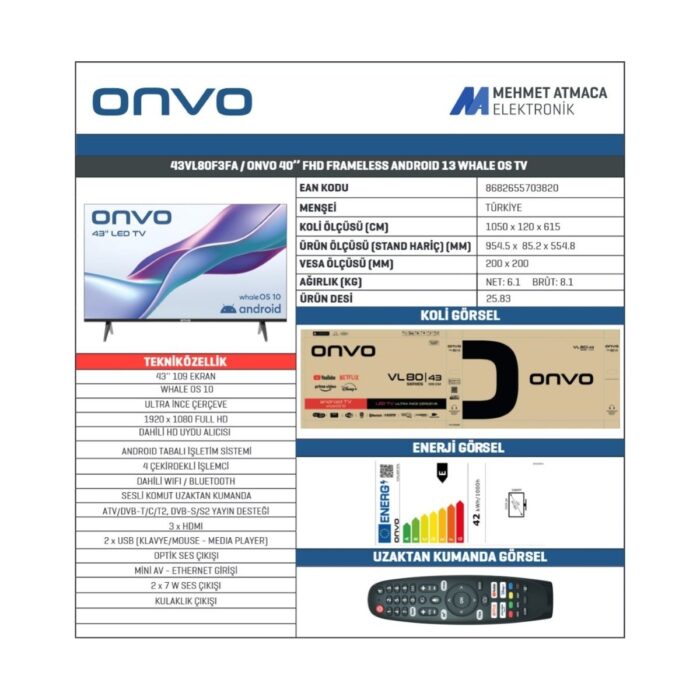 Onvo 43VL80F3FA 43'' 109 Ekran Uydu Alıcılı Full HD WhaleOS LED TV - Görsel 3