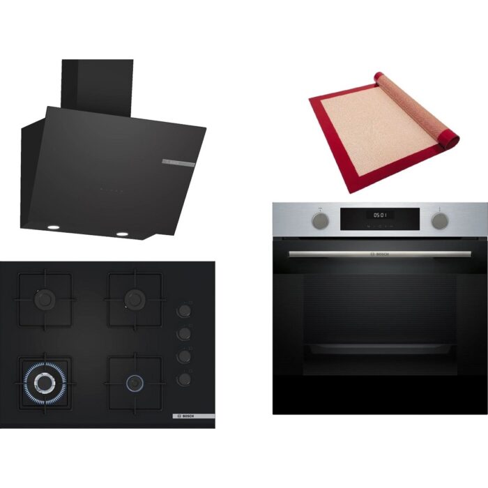 Bosch Siyah 3 Lü Ankastre Set 422 ( HUA717BR0T - POH7C6P30O - DWK66PJ60T  ) 67CM Wok Bek Ocak - Buhar Destekli Inox Fırın - Pişirme Matı ile - Görsel 1