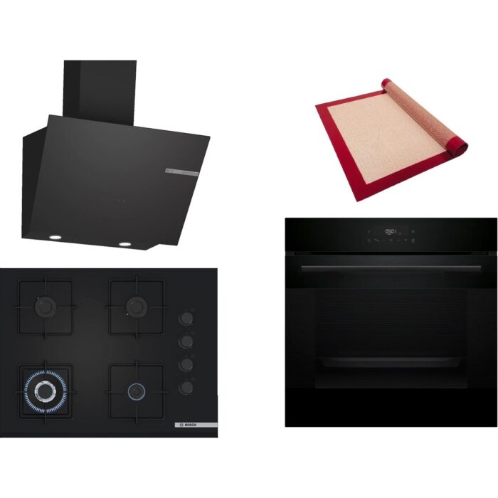 Bosch Siyah 3 Lü Ankastre Set 428 ( HJG852YB0T - POH7C6P30O - DWK66PJ60T  ) 67CM Wok Bek Ocak - 3D Fry Hava ile Kızartma - Pişirme Matı ile - Görsel 1