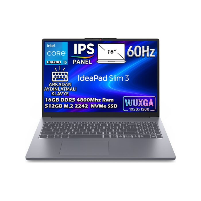 110001237733493.jpg Lenovo Ideapad Slim 3 16IRH10 Intel Core I5-13420H 16GB 512GB SSD 16" Wuxga (1920X1200) IPS Panel Freedos Taşınabilir Dizüstü Bilgisayar 83K20073TR - Görsel 1