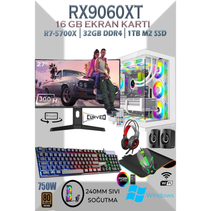 Apphirex TCW99 Ryzen 7 5700X 32GB 1tb M.2 SSD RX9060XT 16GB 27'' 300HZ Sıvı Soğutmalı Beyaz Masaüstü Oyuncu Bilgisayarı Hazır Sistem - Görsel 1