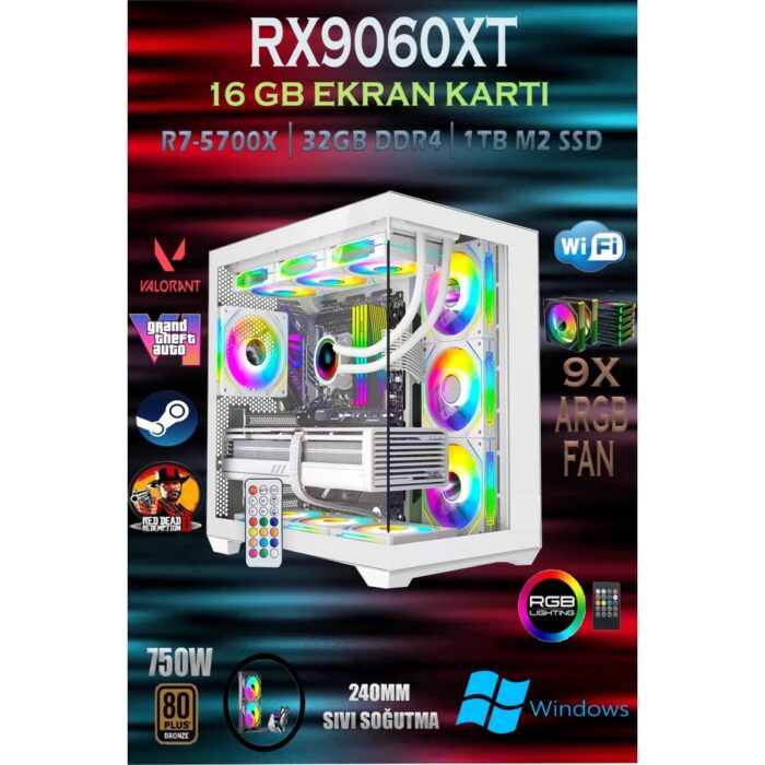 Apphirex TCW99 Ryzen 7 5700X 32GB 1tb M.2 SSD RX9060XT 16GB 27'' 300HZ Sıvı Soğutmalı Beyaz Masaüstü Oyuncu Bilgisayarı Hazır Sistem - Görsel 2