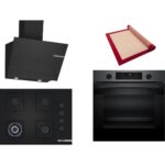 Bosch Siyah 3 Lü Ankastre Set 461 ( HUA736EG0T - POH7C6P30O - DWK67PJ60T ) 67CM Wok Bek Ocak - Buhar Destekli Siyah Inox Fırın - Pişirme Matı ile