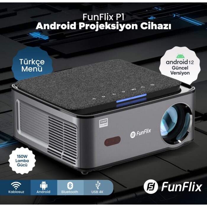 110001247867193.jpg Funflix P1 Android 4K Destekli LED Full Hd Projeksiyon Cihazı, Bluetooth, 150W Lamba, 300 Inç Görüntü - Görsel 1